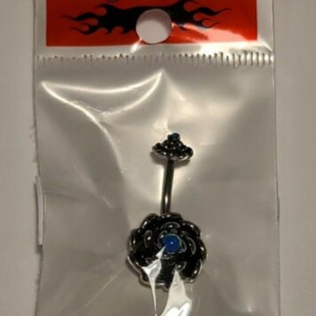 Antique Silver Plated Opal Center Rose Internally Threaded Belly Button Blue